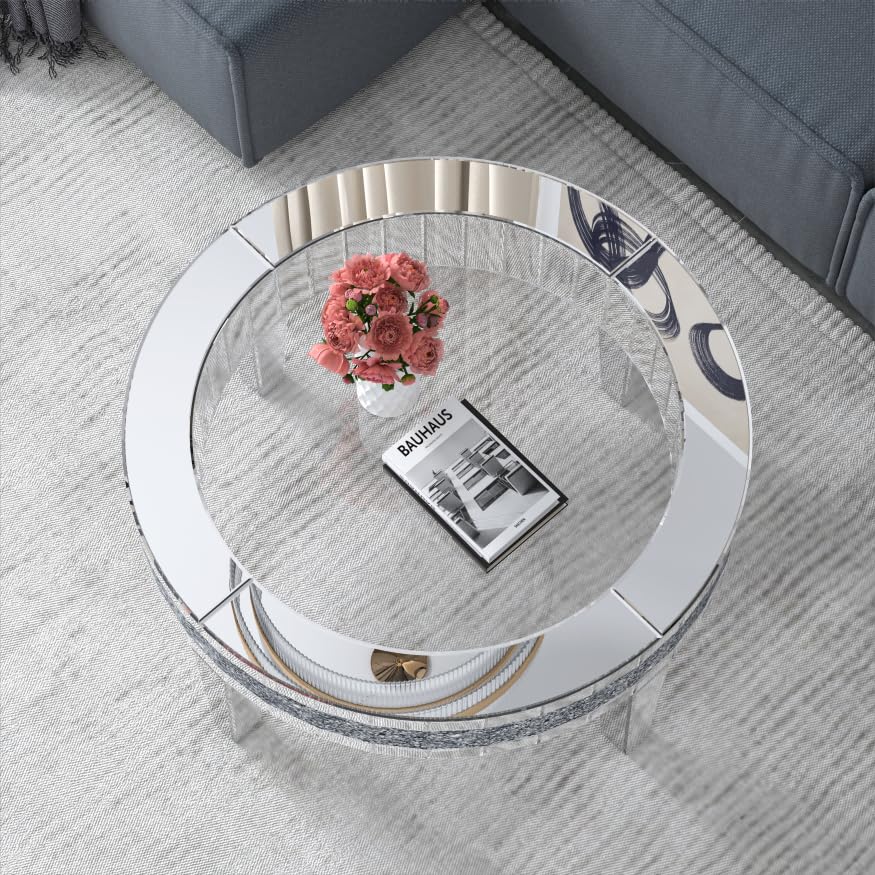 31.5'' Modern Round Coffee Table with Mirror Surface, Silver Accent Table