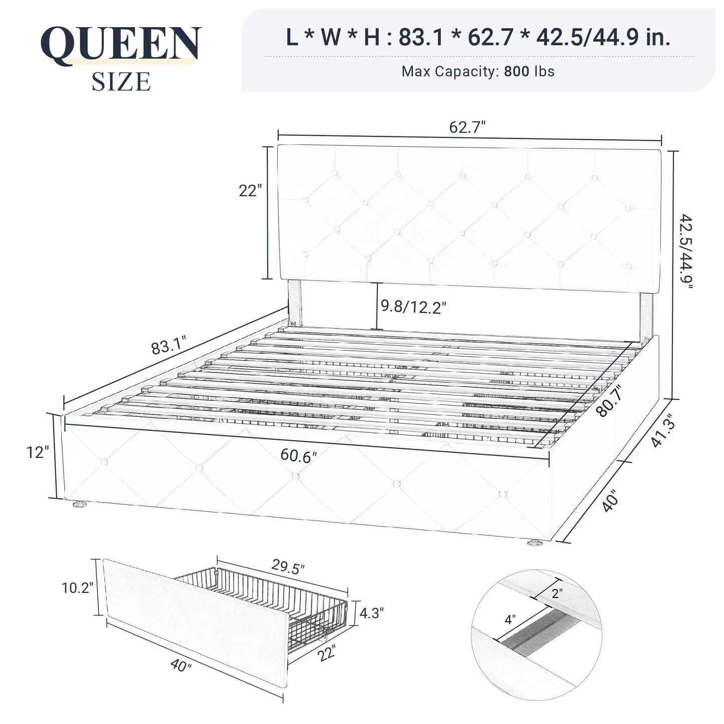 Upholstered Platform Bed Frame with 4 Storage Drawers and Headboard