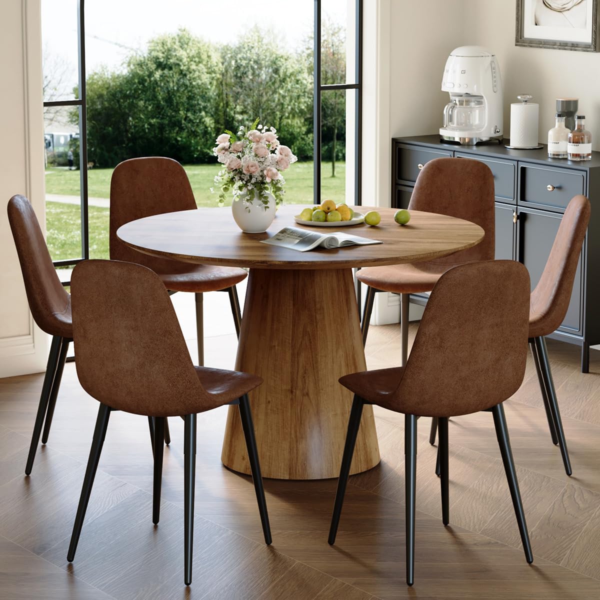 Round Dining Table Set for 6, 45''Round Wooden Dining Set