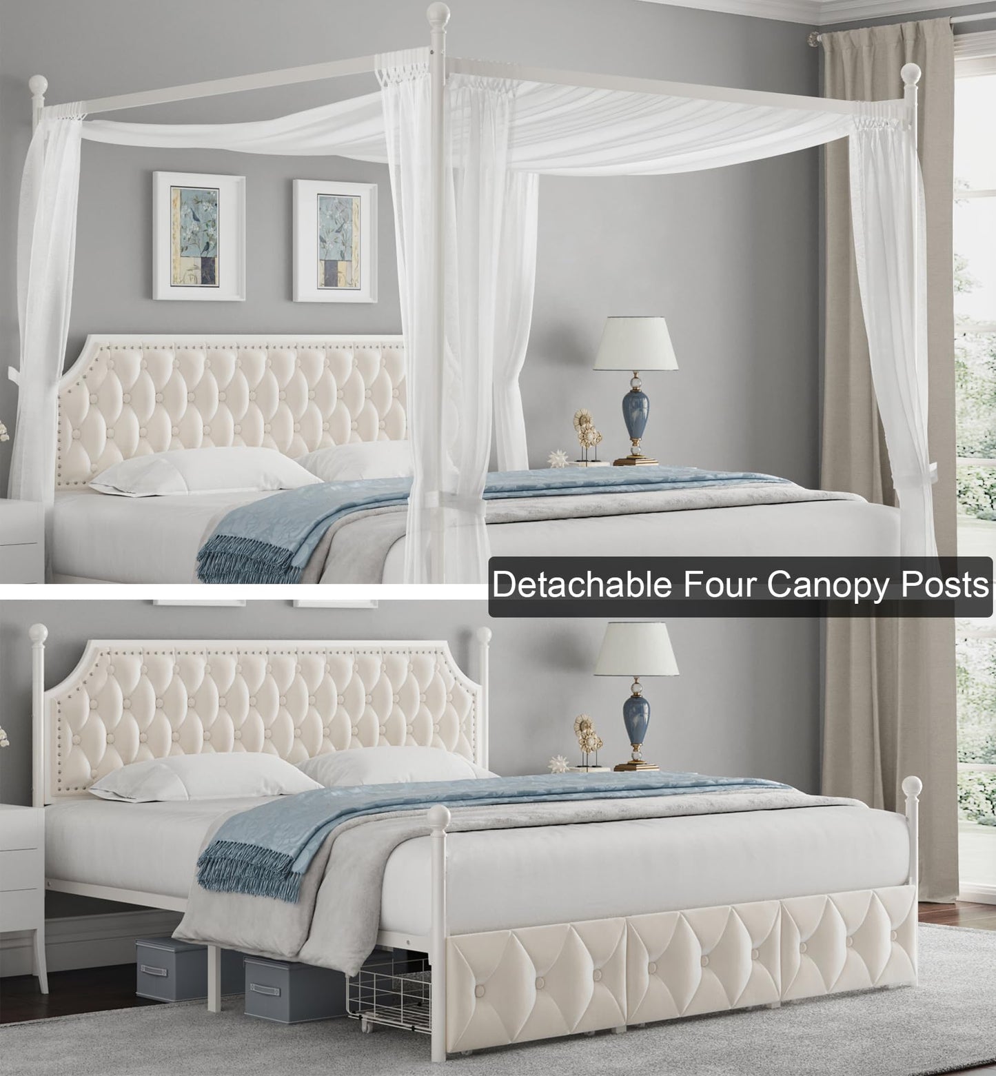 Upholstered Canopy Bed Frame with 2 Drawer and Button Tufted Headboard