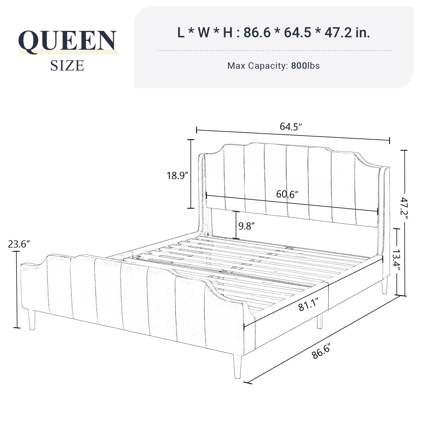 Velvet Upholstered Platform Bed with Vertical Headboard and Footboard