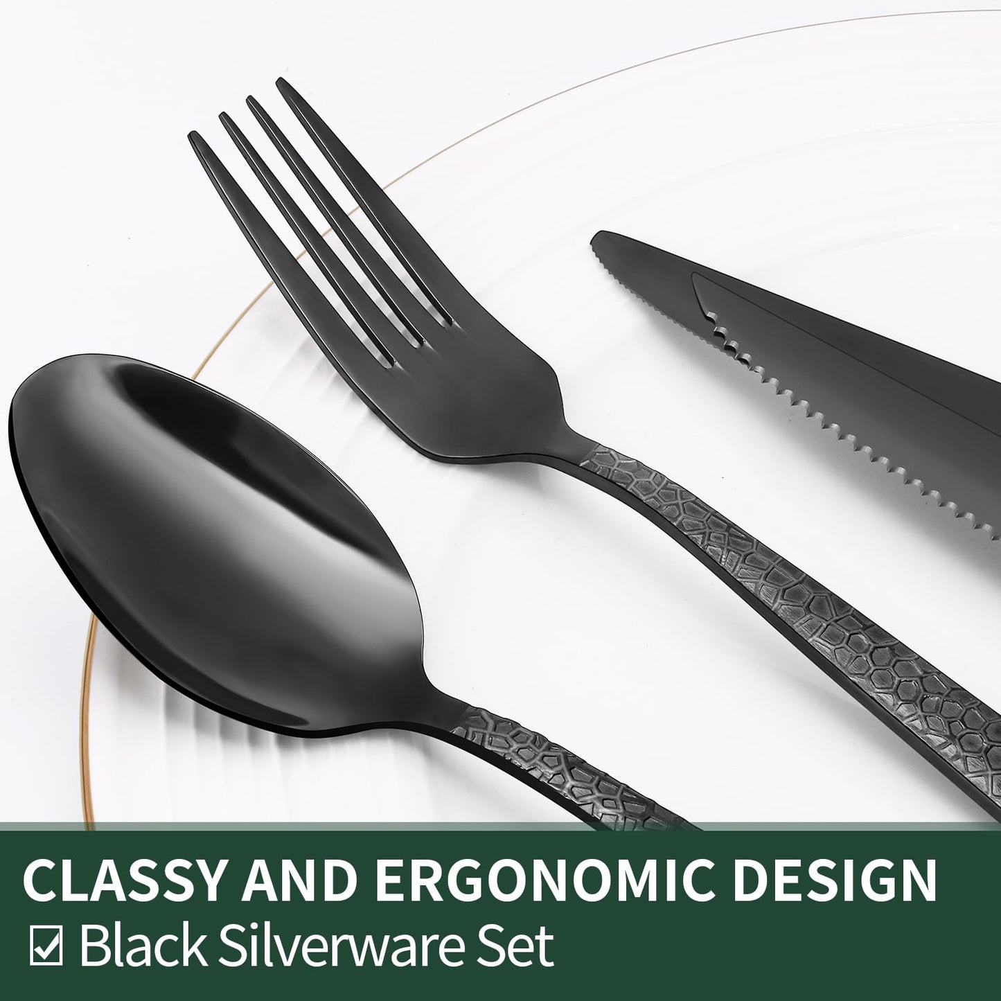 24-Piece Black Silverware Set with Steak Knives, Black Flatware Set for 4