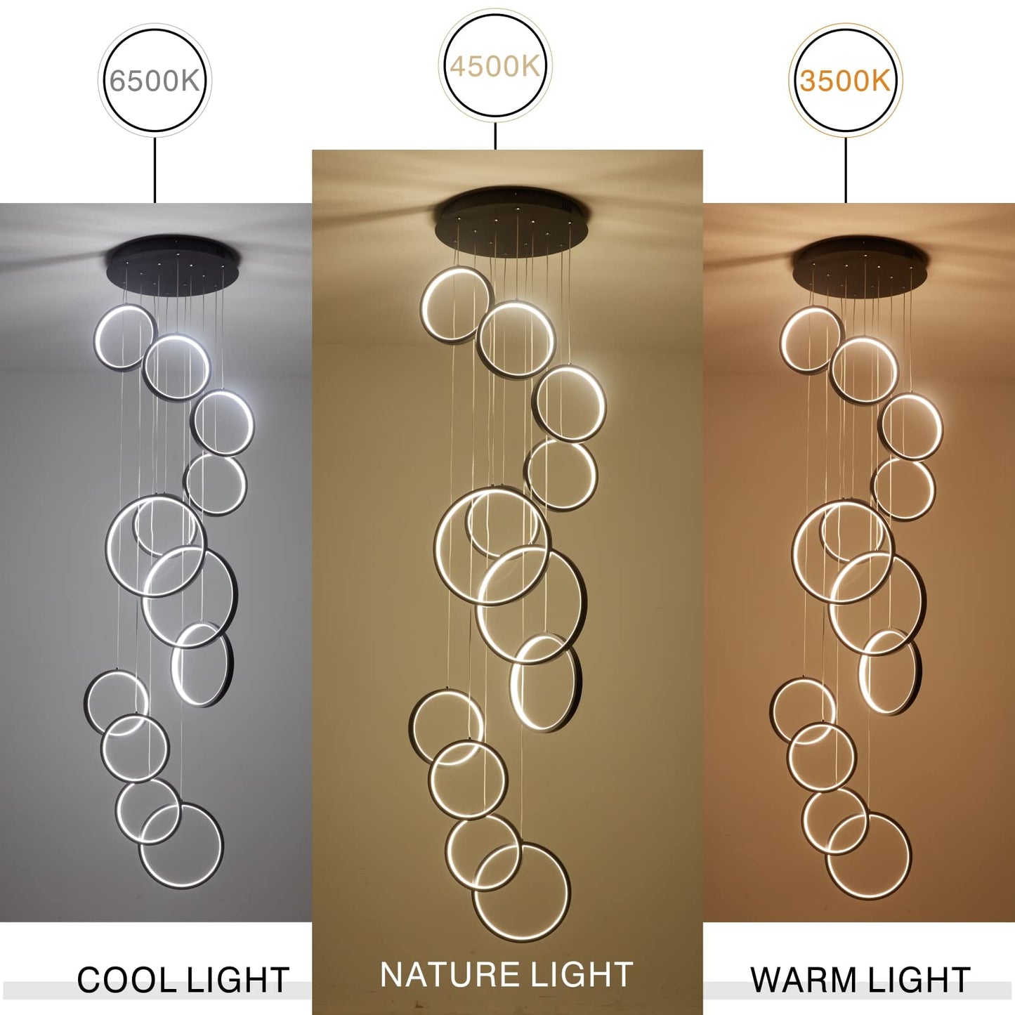 Gold Staircase Hanging 12 Ring Long Led Chandelier Dimmable with Remote Controller