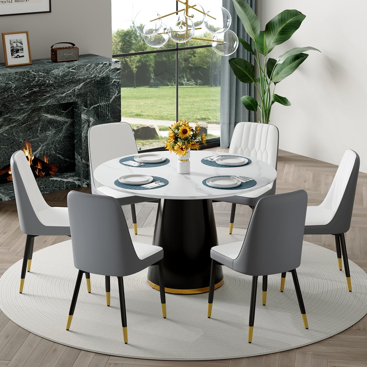 Round Dining Table Set for 6, 45''Round Wooden Dining Set