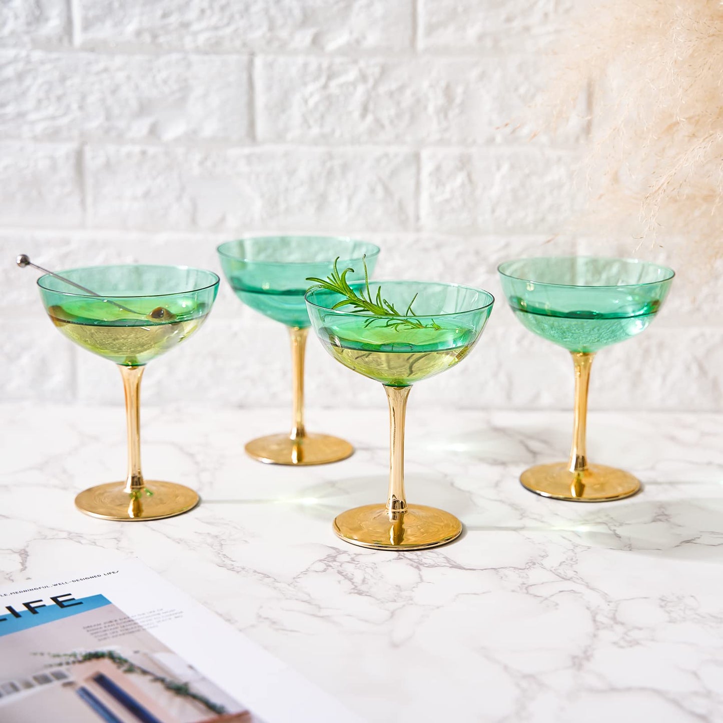 Colored Coupe Art Deco Glasses, Gold | Set of 4 | 8 oz Classic Cocktail Glassware