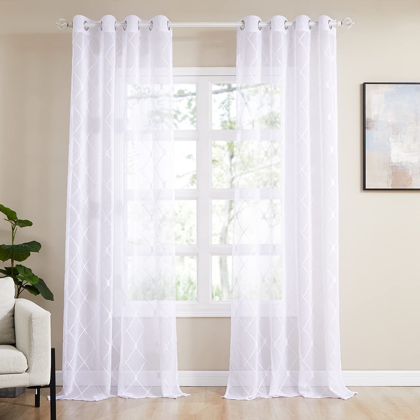 White Sheer Curtains 84 Inches Long for Living Room, 2 Panels Set