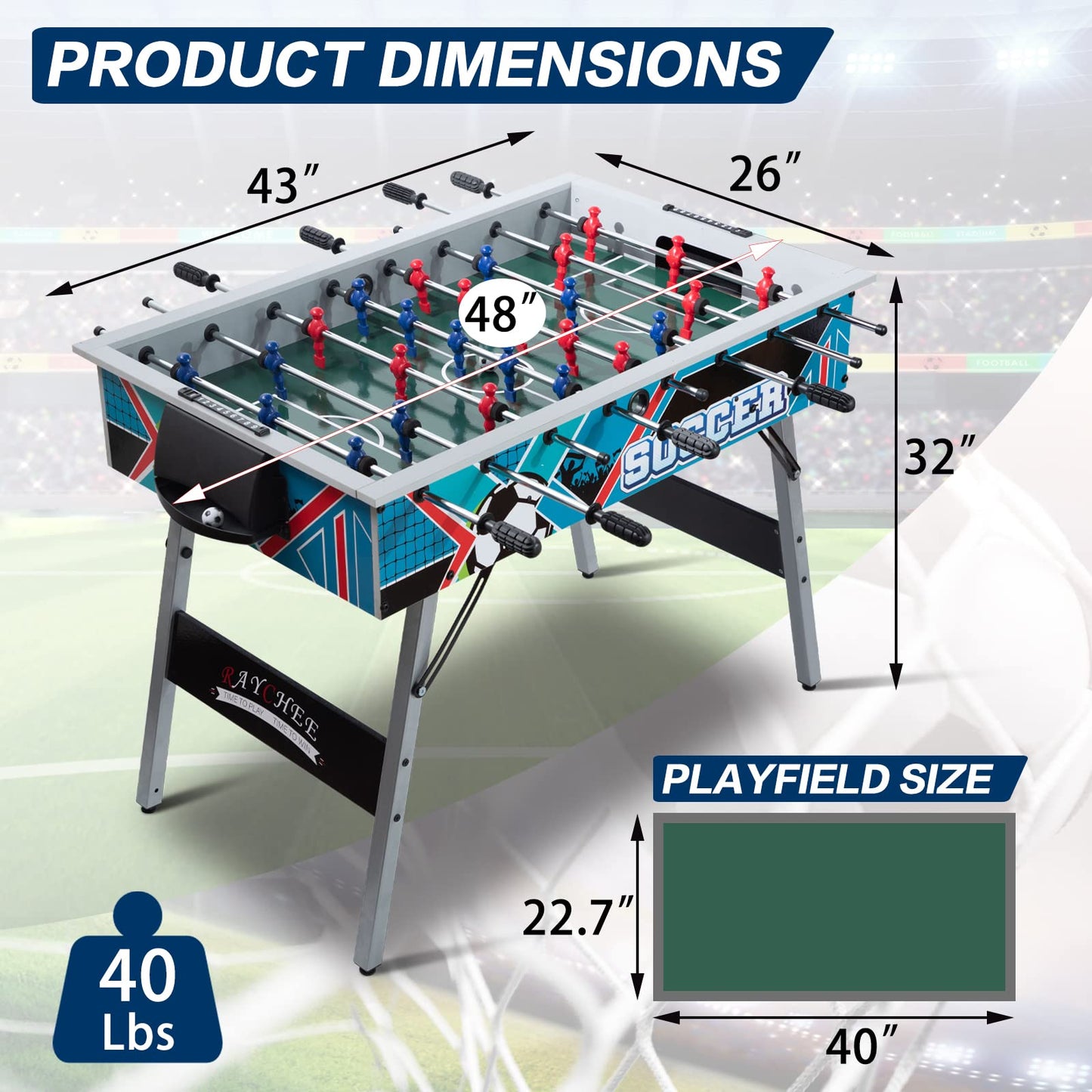 48" Game Room Size Folding Foosball Table, Foldable Space Saving Table Soccer Game