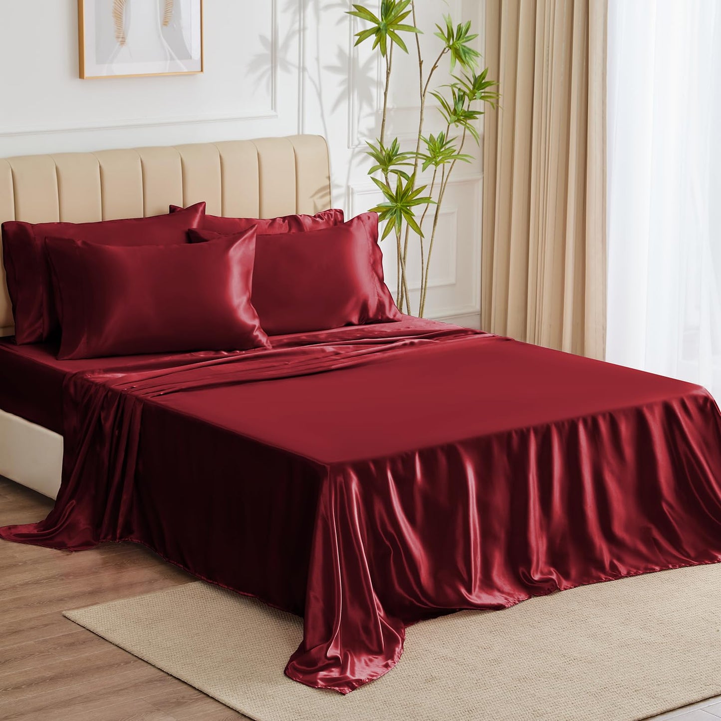 4 Piece Burgundy Bed Sheet Set with Silky Microfiber, 1 Deep Pocket Fitted Sheet