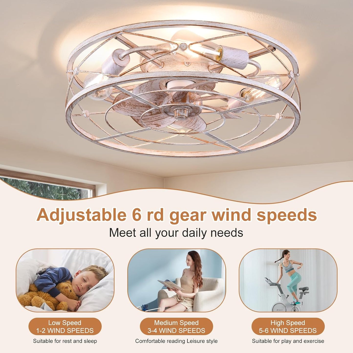 Caged Ceiling Fans with Lights and Remote, 20 Inch Flush Mount Fan