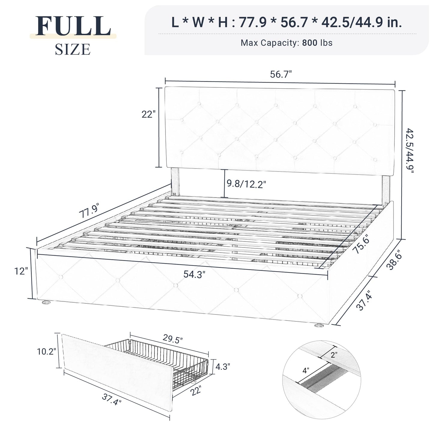 Upholstered Platform Bed Frame with 4 Storage Drawers and Headboard