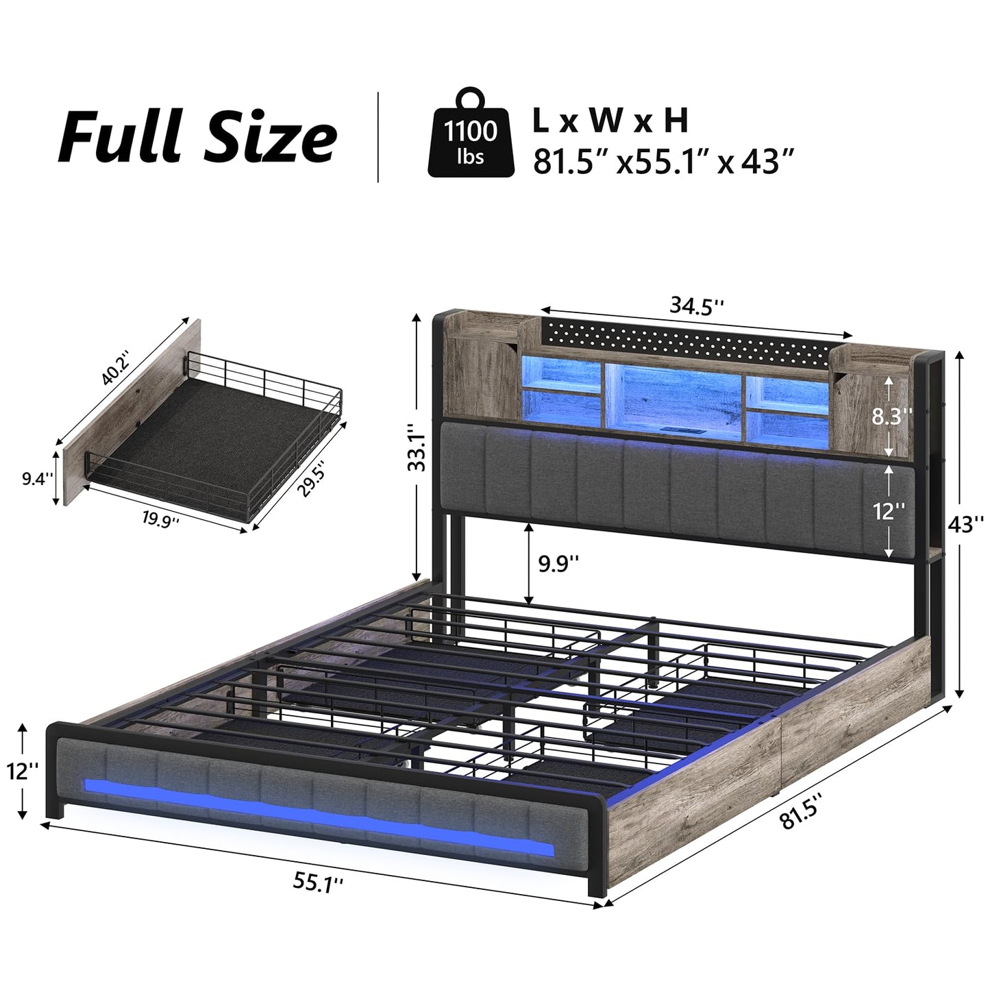 King LED Upholstered Metal Bed Frame with Storage Headboard