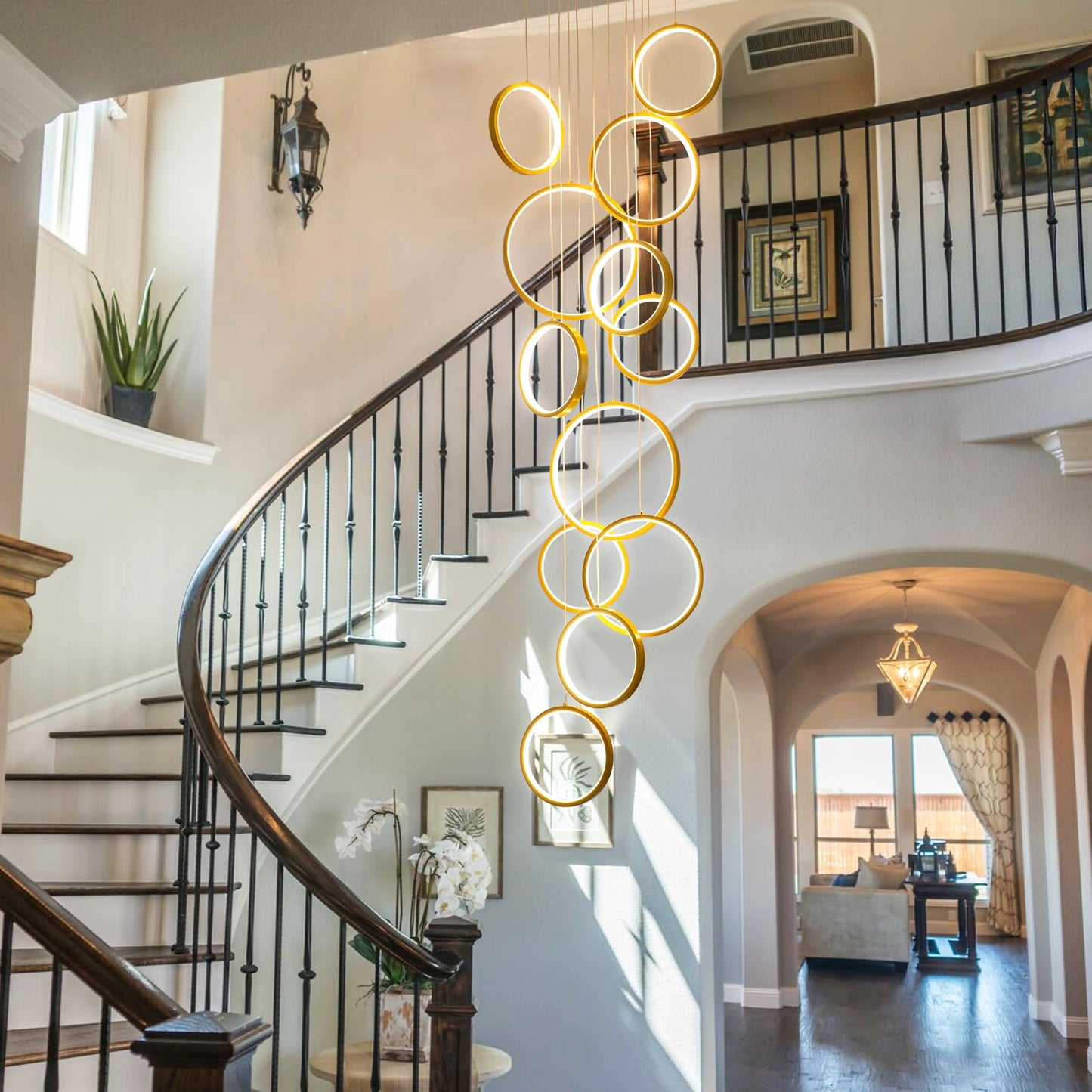 Gold Staircase Hanging 12 Ring Long Led Chandelier Dimmable with Remote Controller