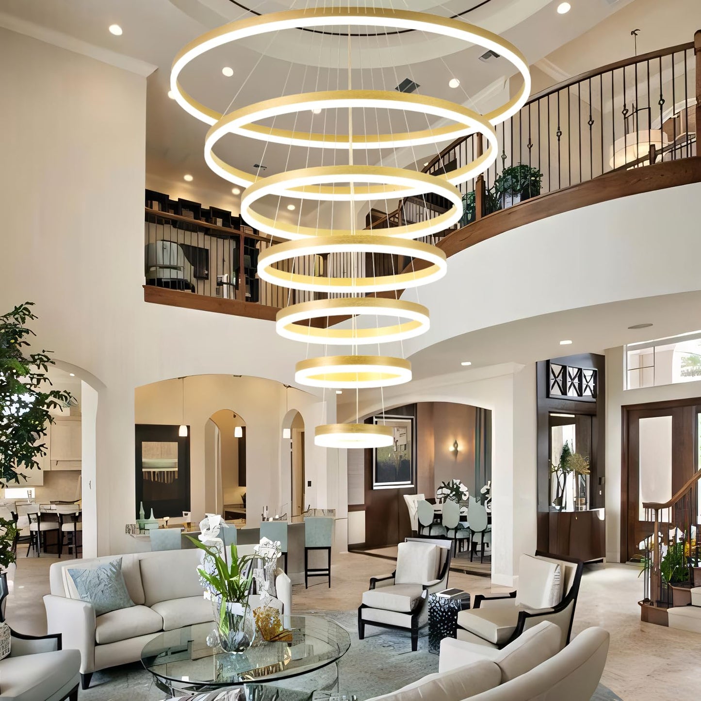 Gold Staircase Hanging 12 Ring Long Led Chandelier Dimmable with Remote Controller