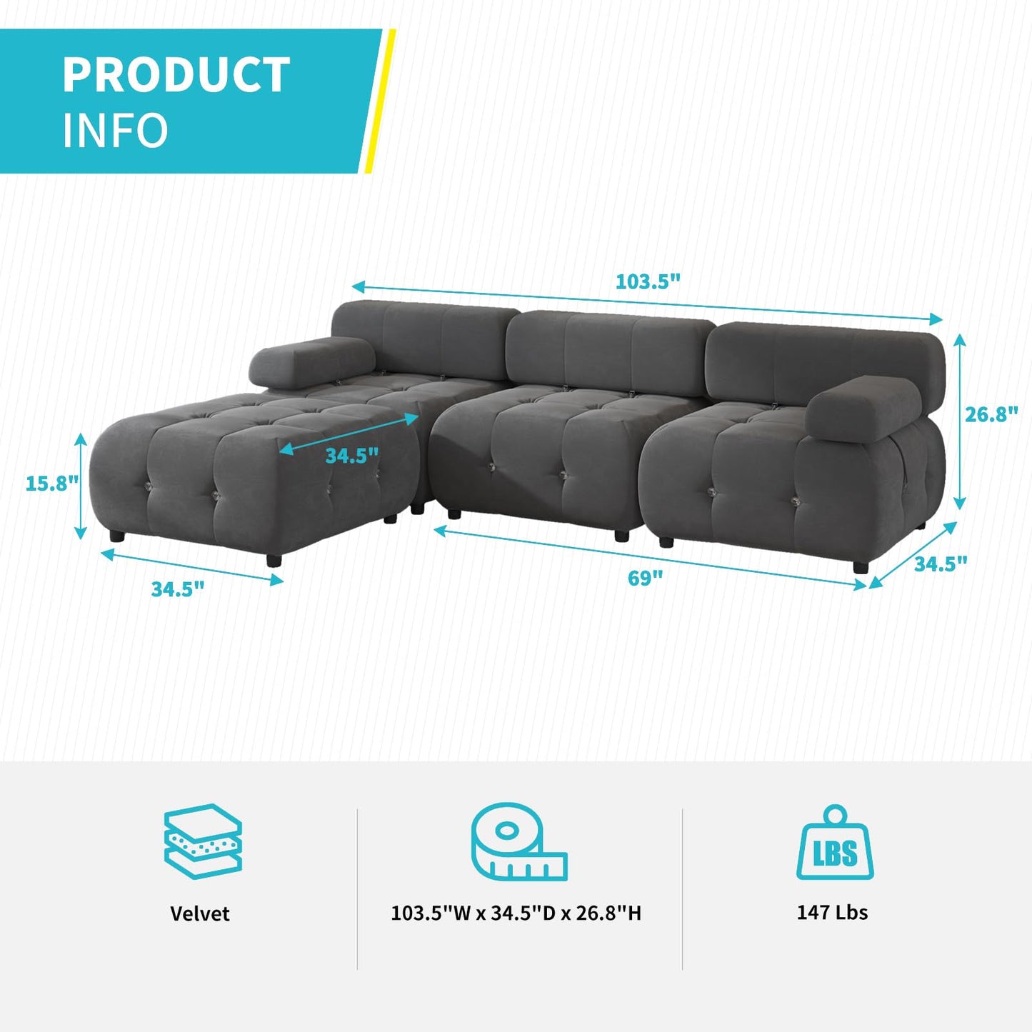 103" W Convertible Modular Sectional Sofa, Luxury Modern 4-Seater Bubble Sofa