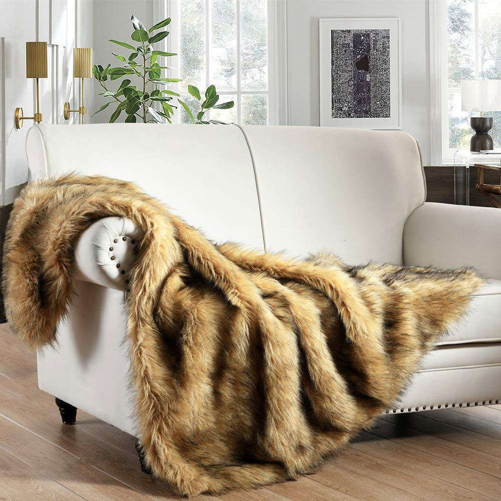 Luxury Plush Faux Fur Blanket King Size, Long Pile Brown with Black