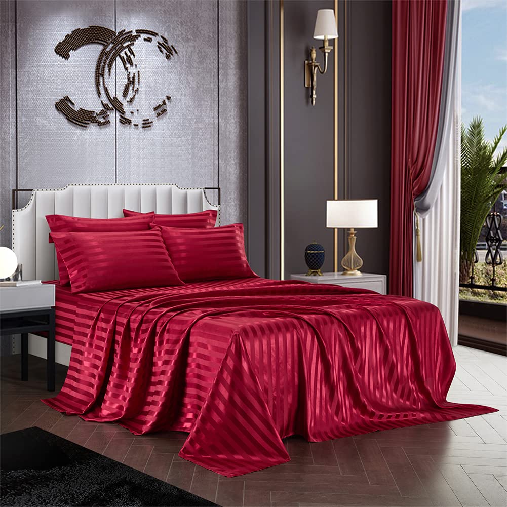 6 Piece Satin Italian Style Bed Sheet Set Deep Pocket Stripes 1800 Luxury Rich Silk