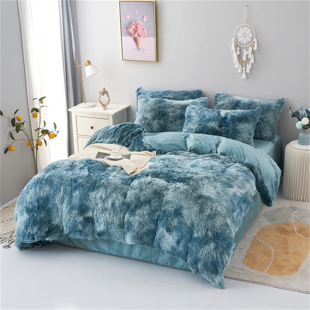 Faux Fur Tie-dyed Green Gray Black Colorful Comforter Sets Queen - 3PC Bed Set