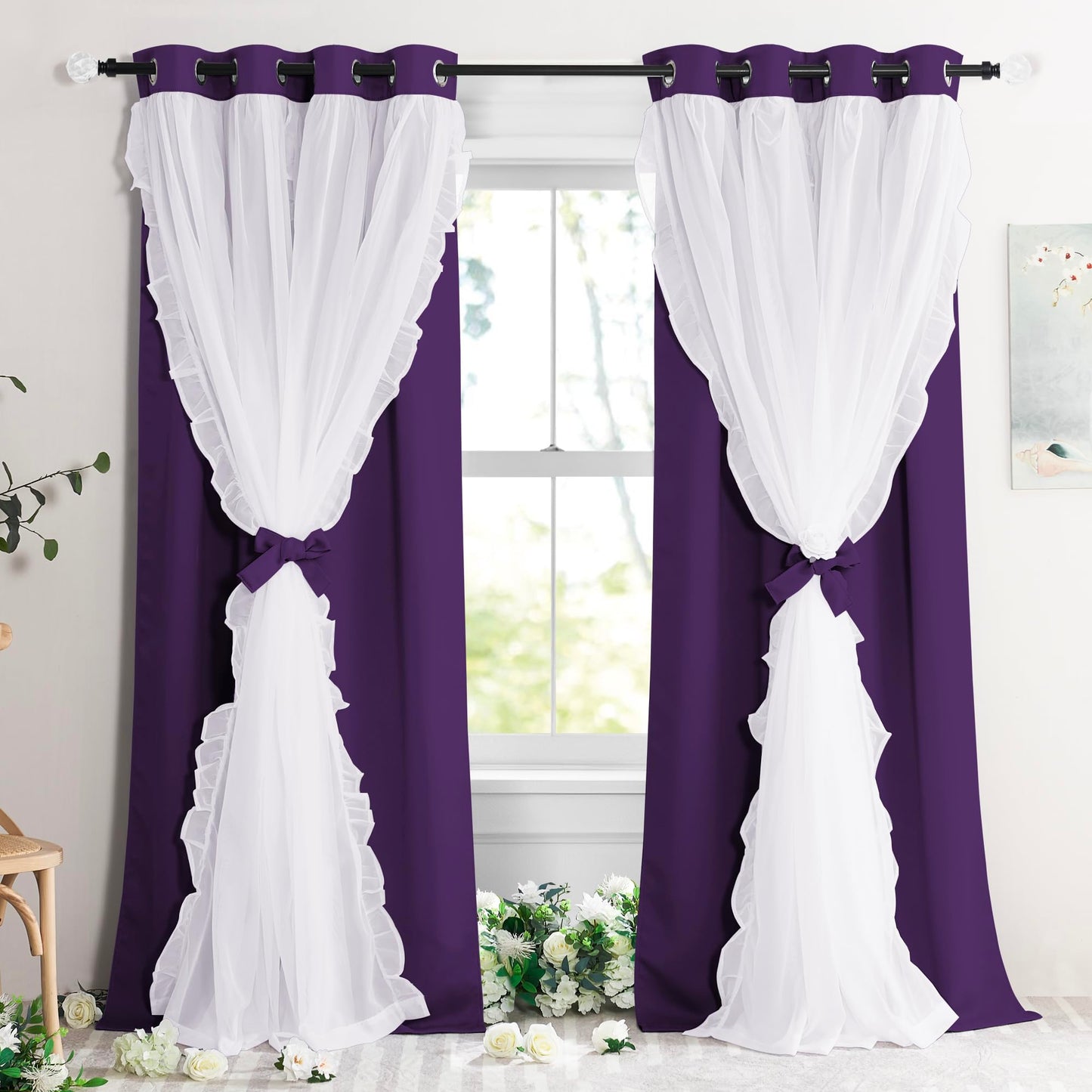 Blackout Window Treatment Double Layer Drapes Ruffle Sheer Overlay 2 Panels