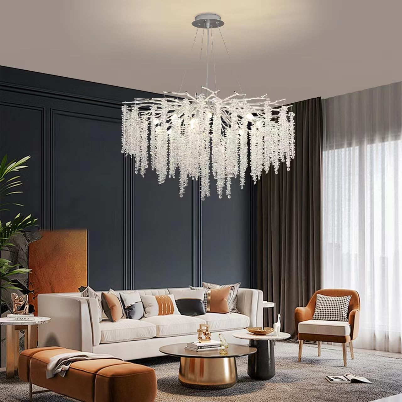 Modern Crystal Tree Branches Chandelier Gold Round Raindrop