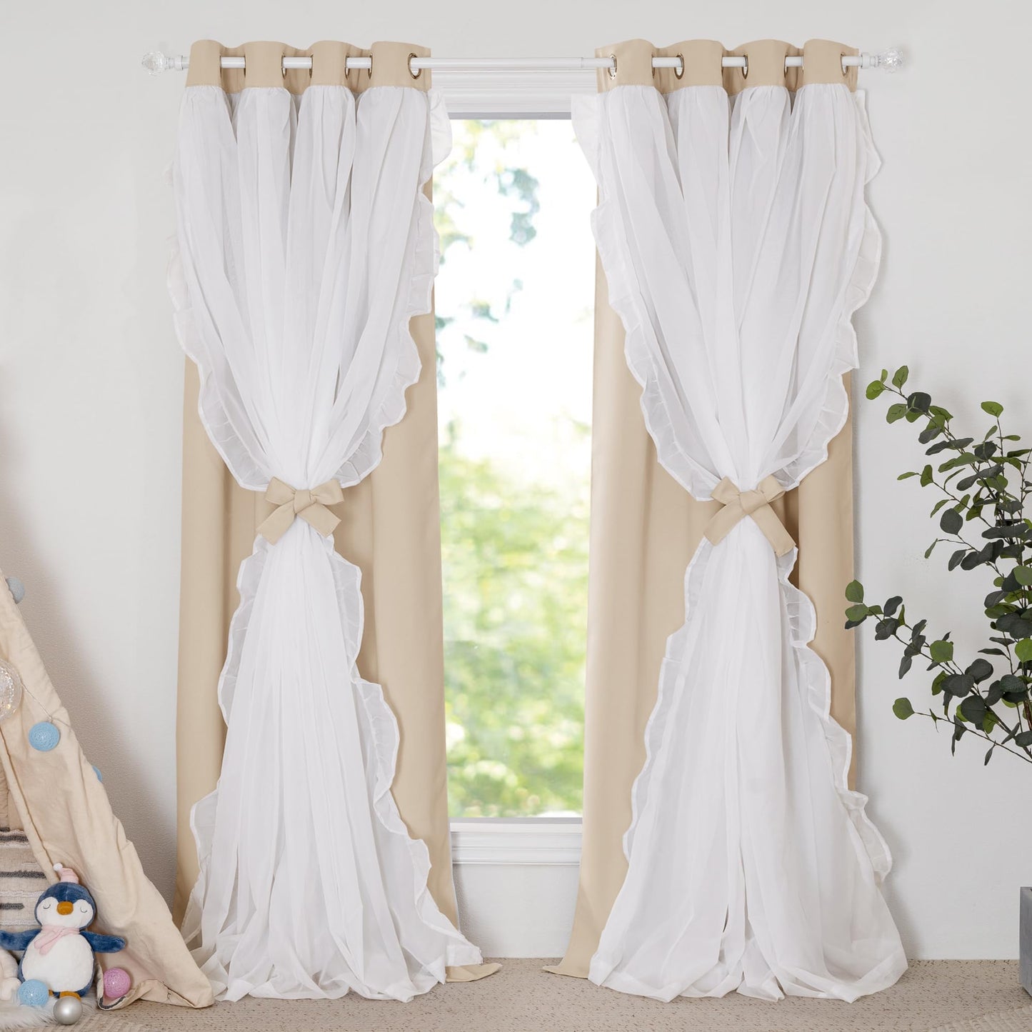 Blackout Window Treatment Double Layer Drapes Ruffle Sheer Overlay 2 Panels