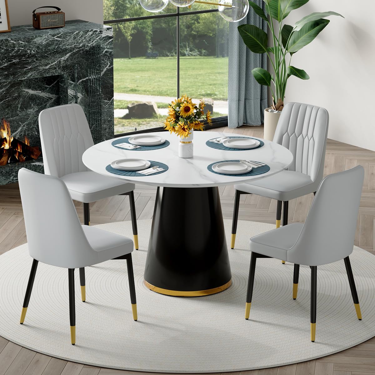 Round Dining Table Set for 6, 45''Round Wooden Dining Set