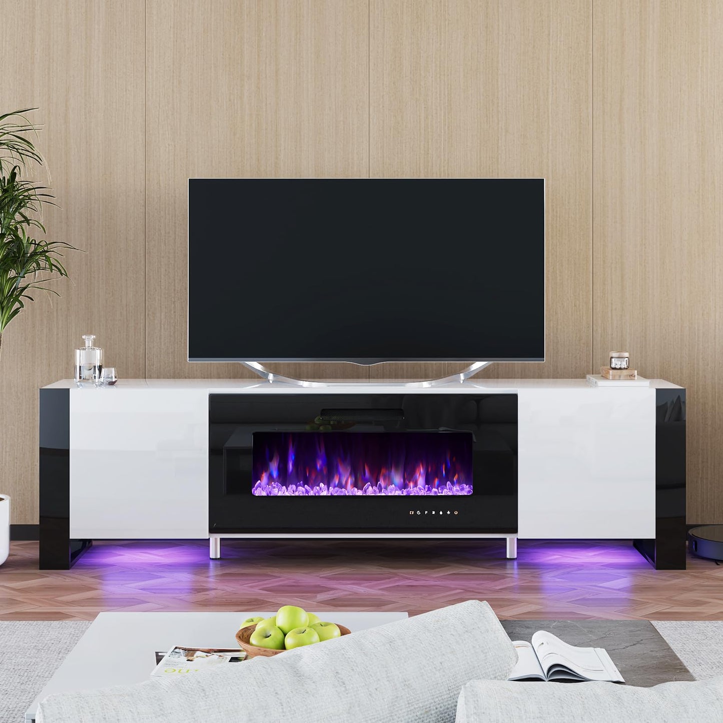 Fireplace TV Stand with 36" Fireplace, 70" Modern High Gloss Entertainment Center