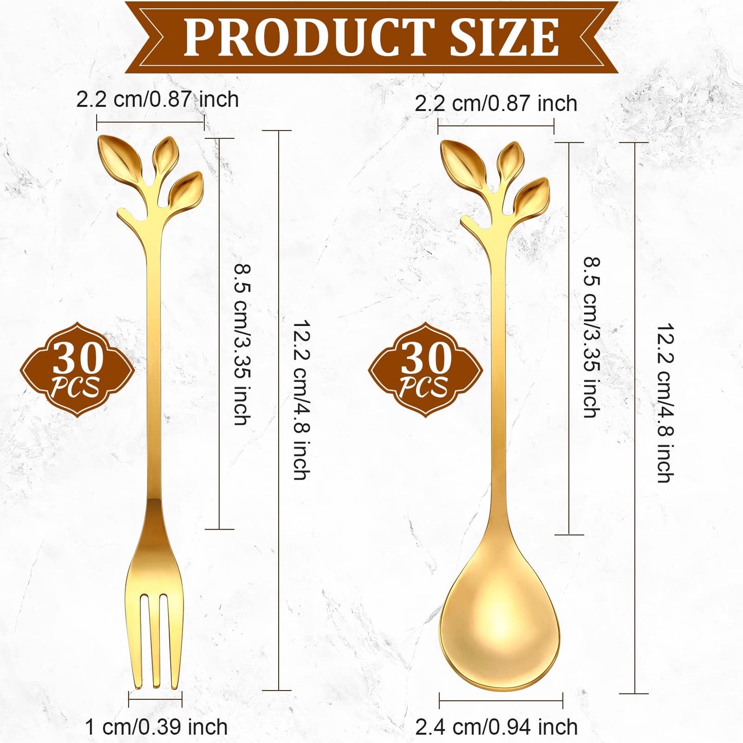 Stainless Steel Leaf Coffee Spoon and Appetizer Fork Tableware (Gold, 40 Pieces)