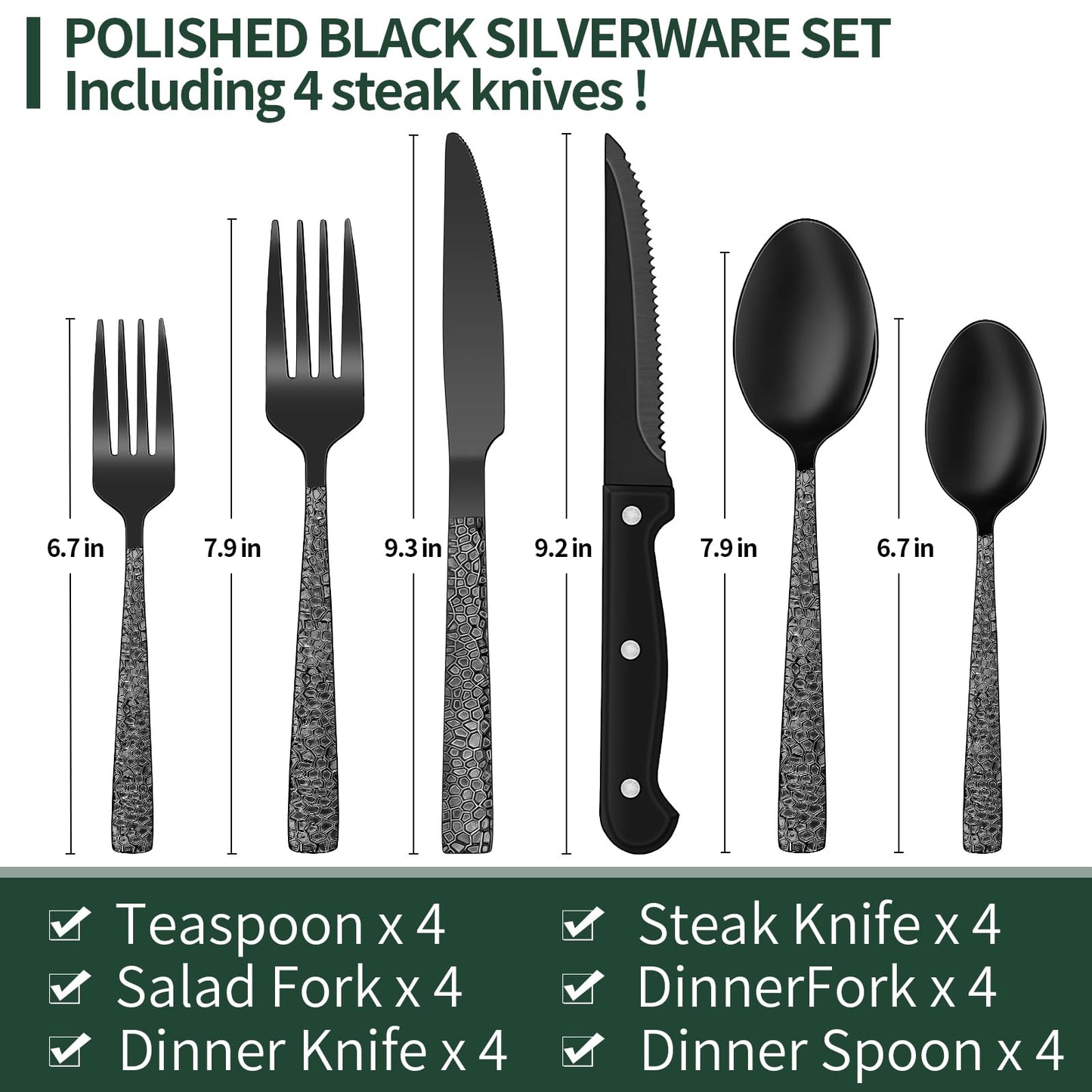 24-Piece Black Silverware Set with Steak Knives, Black Flatware Set for 4