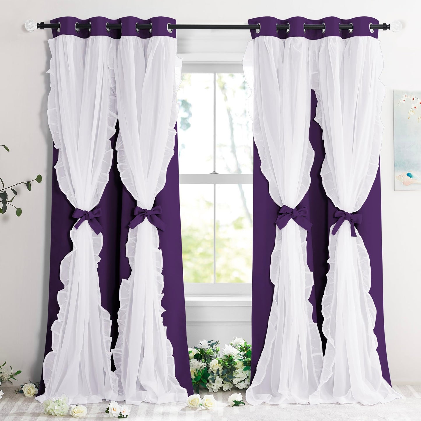 Blackout Window Treatment Double Layer Drapes Ruffle Sheer Overlay 2 Panels