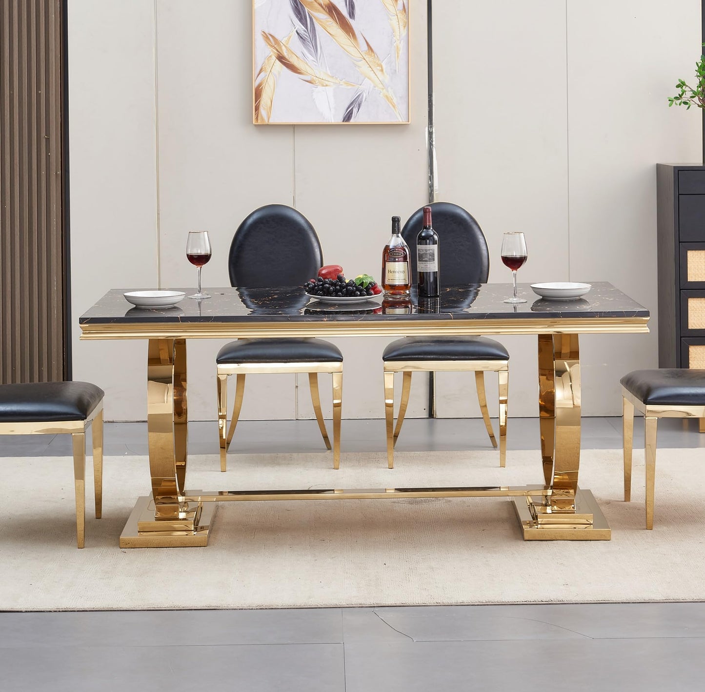 70 Inch White Marble Kitchen Table with Gold Mirrored Cabriole Legs