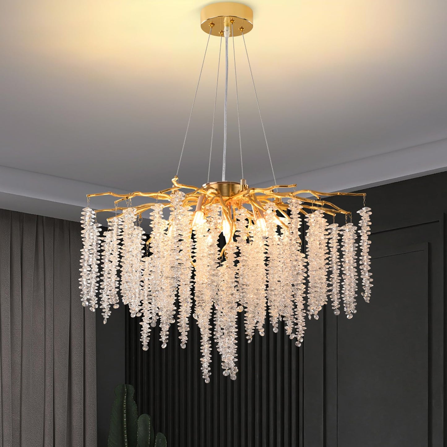 Modern Crystal Tree Branches Chandelier Gold Round Raindrop