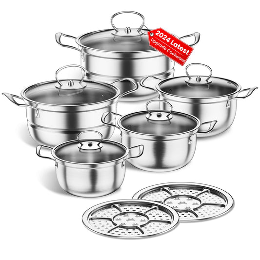 Stainless Steel Cookware Set, 12 Piece Kitchen Induction Cookware Set