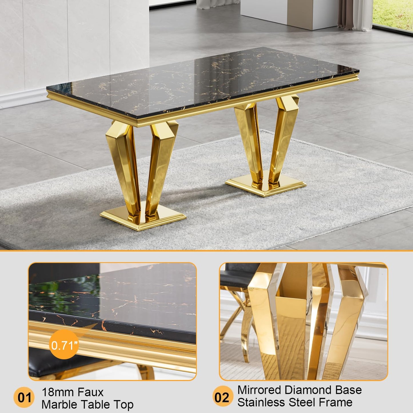 70 Inch White Marble Kitchen Table with Gold Mirrored Cabriole Legs