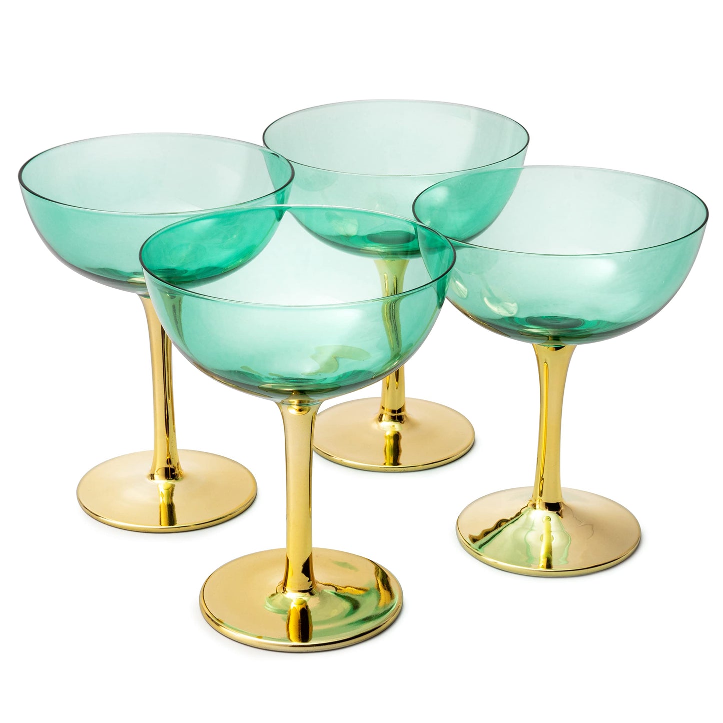 Colored Coupe Art Deco Glasses, Gold | Set of 4 | 8 oz Classic Cocktail Glassware