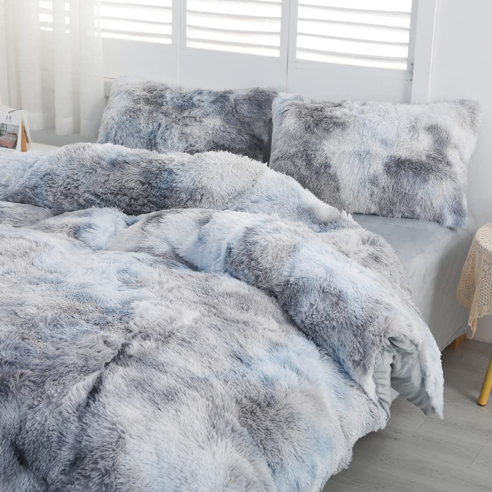 Faux Fur Tie-dyed Green Gray Black Colorful Comforter Sets Queen - 3PC Bed Set