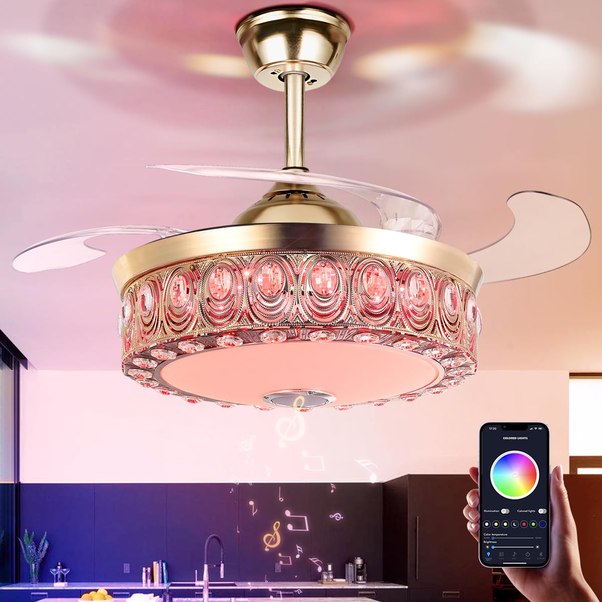 42" Crystal Chandelier Ceiling Fan and Remote, Gold Luxury Fan