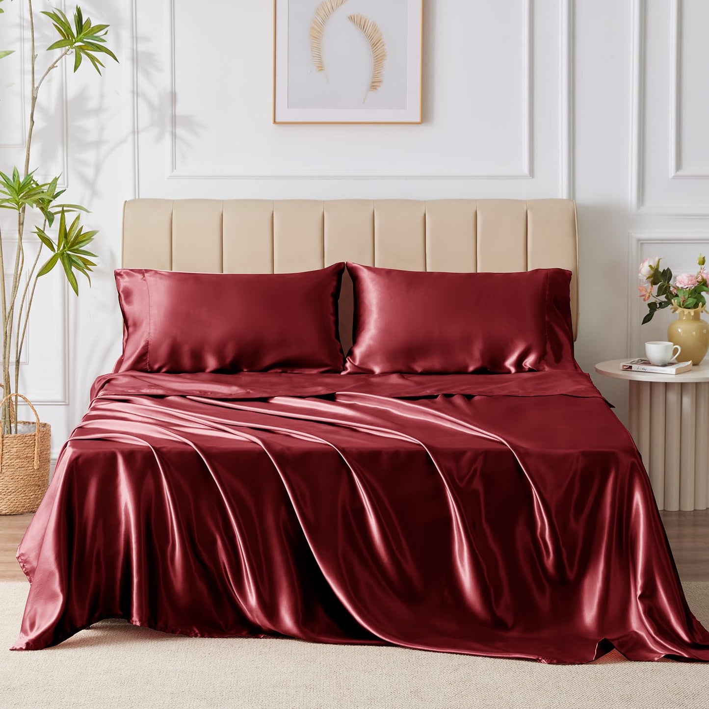 4 Piece Burgundy Bed Sheet Set with Silky Microfiber, 1 Deep Pocket Fitted Sheet