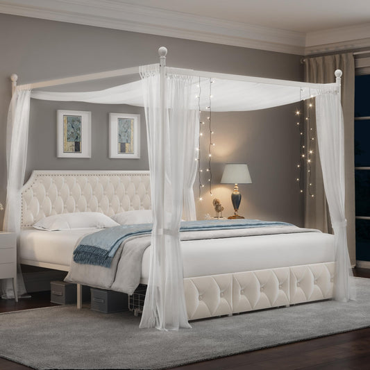 Upholstered Canopy Bed Frame with 2 Drawer and Button Tufted Headboard