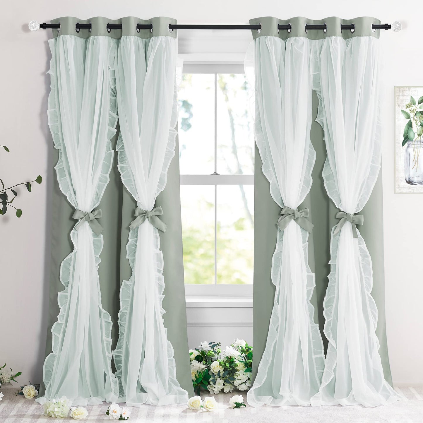 Blackout Window Treatment Double Layer Drapes Ruffle Sheer Overlay 2 Panels