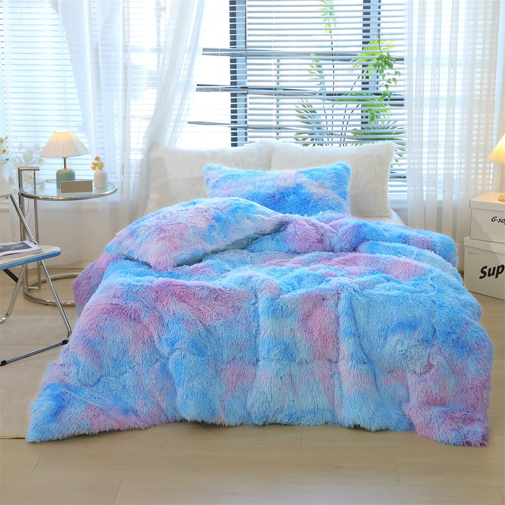 Faux Fur Tie-dyed Green Gray Black Colorful Comforter Sets Queen - 3PC Bed Set