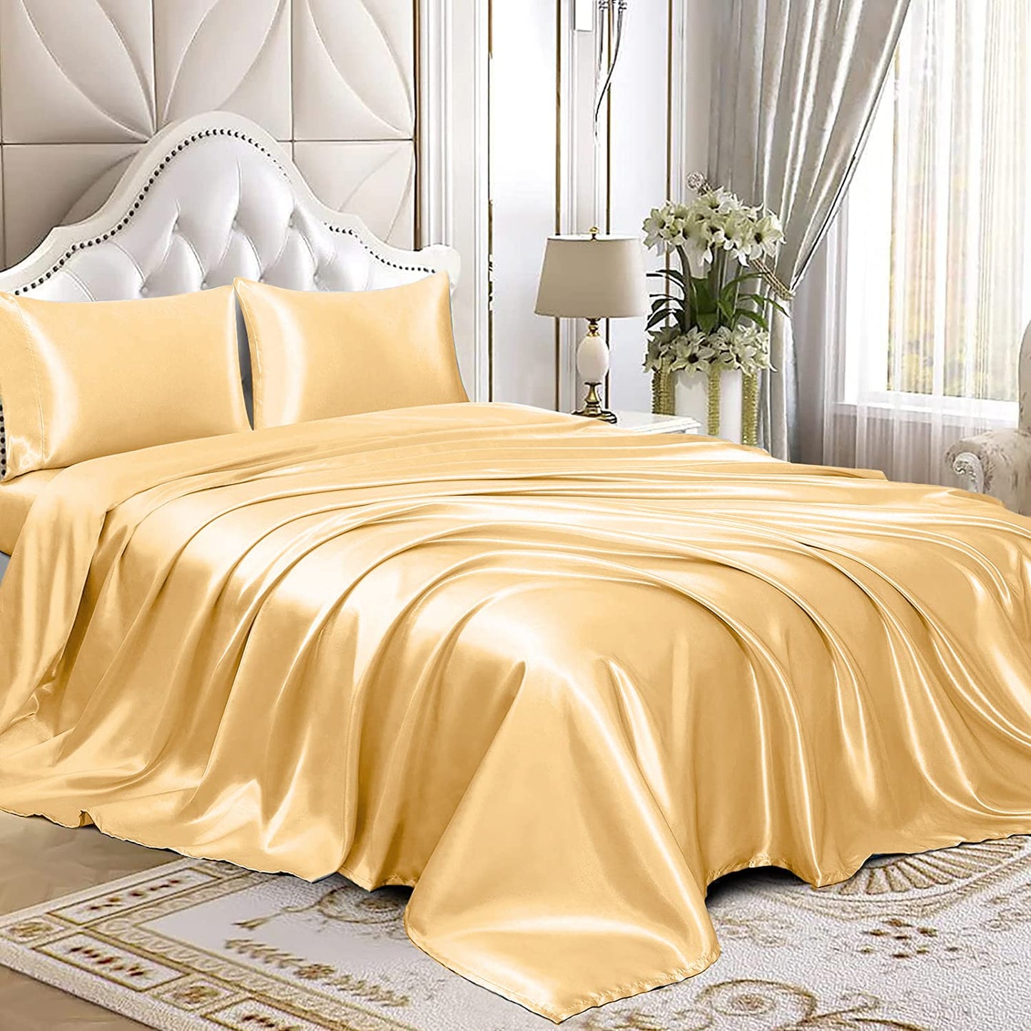 4pcs Satin Sheets Set Luxury Silky Satin Bedding Set with Deep Pocket