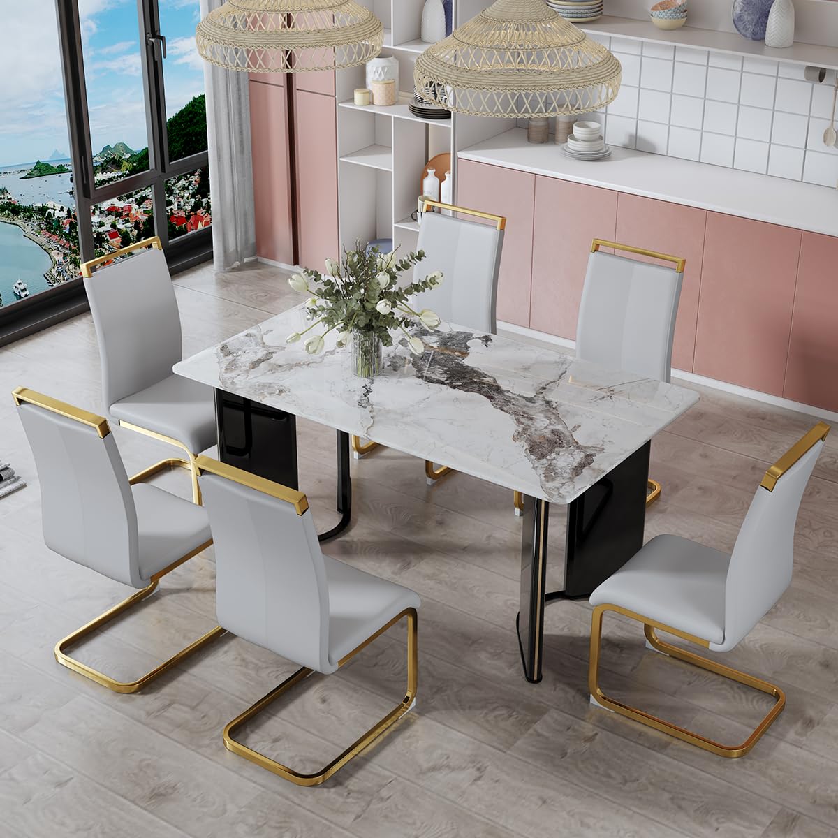 Dining Table Set for 6, White Faux Marble Pattern Table with 6 Modern Dining Chairs