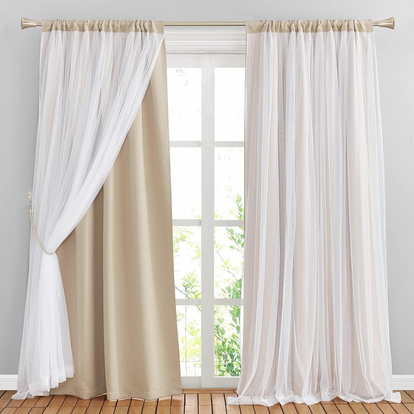 Double-Layered Curtains with Tie-Backs Sheer Drapes Light Blocking, 2 Pcs