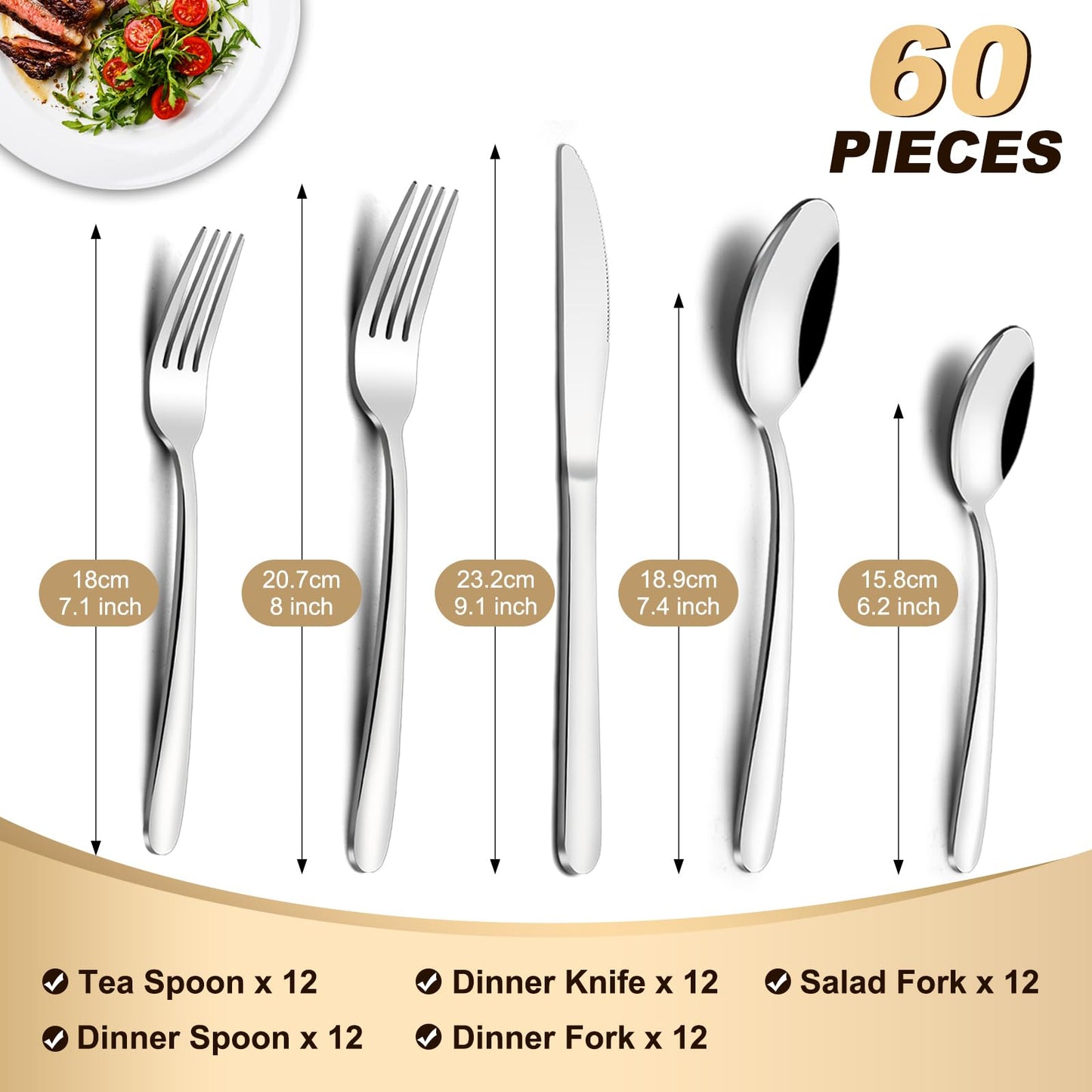 72-Pieces Silverware Sets for 12, Flatware Set with Steak Knives