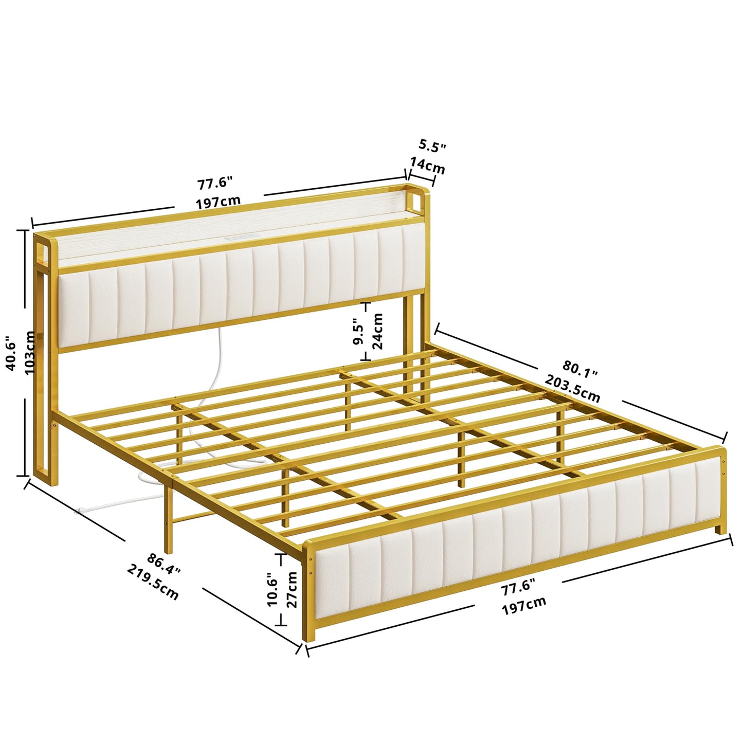 King Bed Frames, Storage Headboard with Charging Station