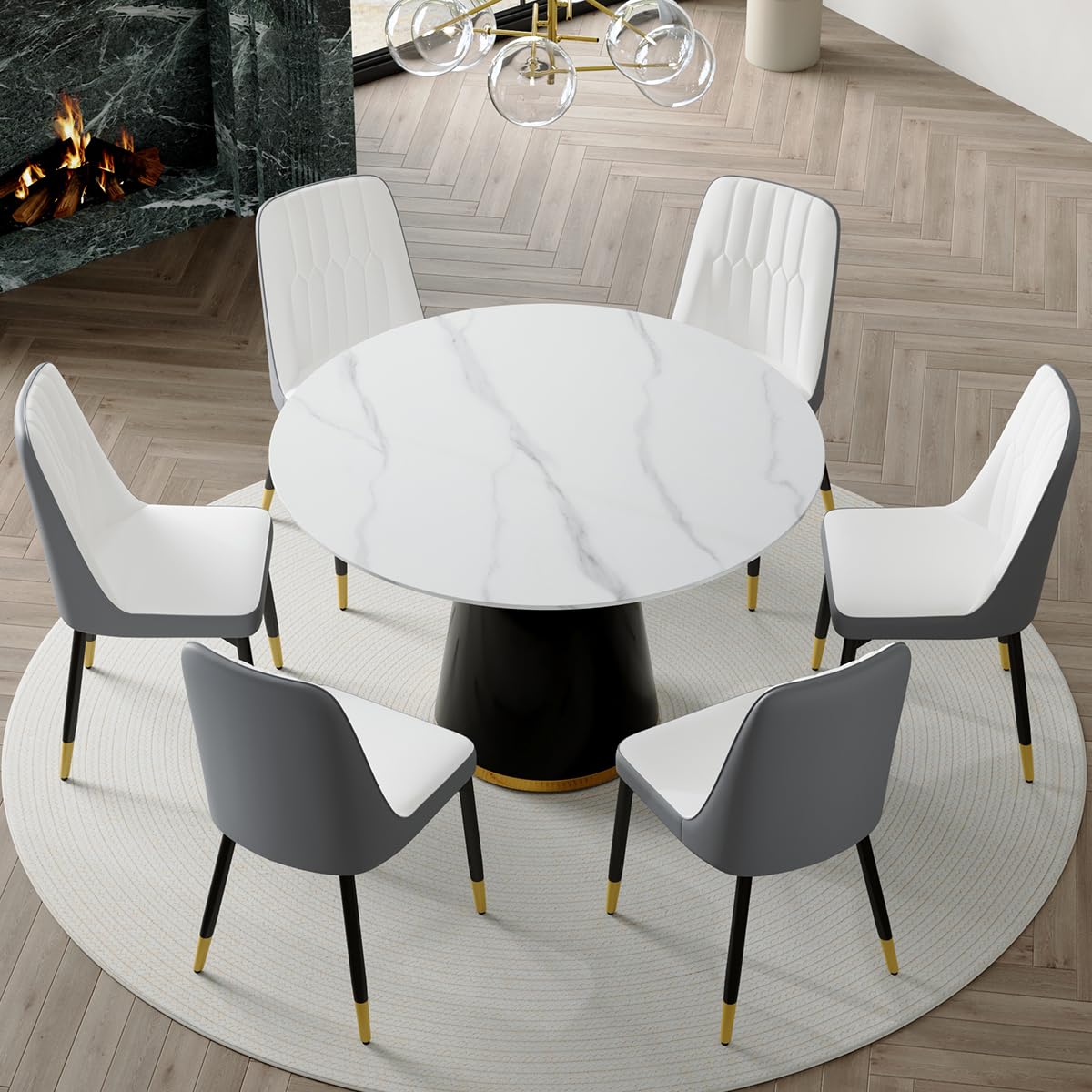 Round Dining Table Set for 6, 45''Round Wooden Dining Set