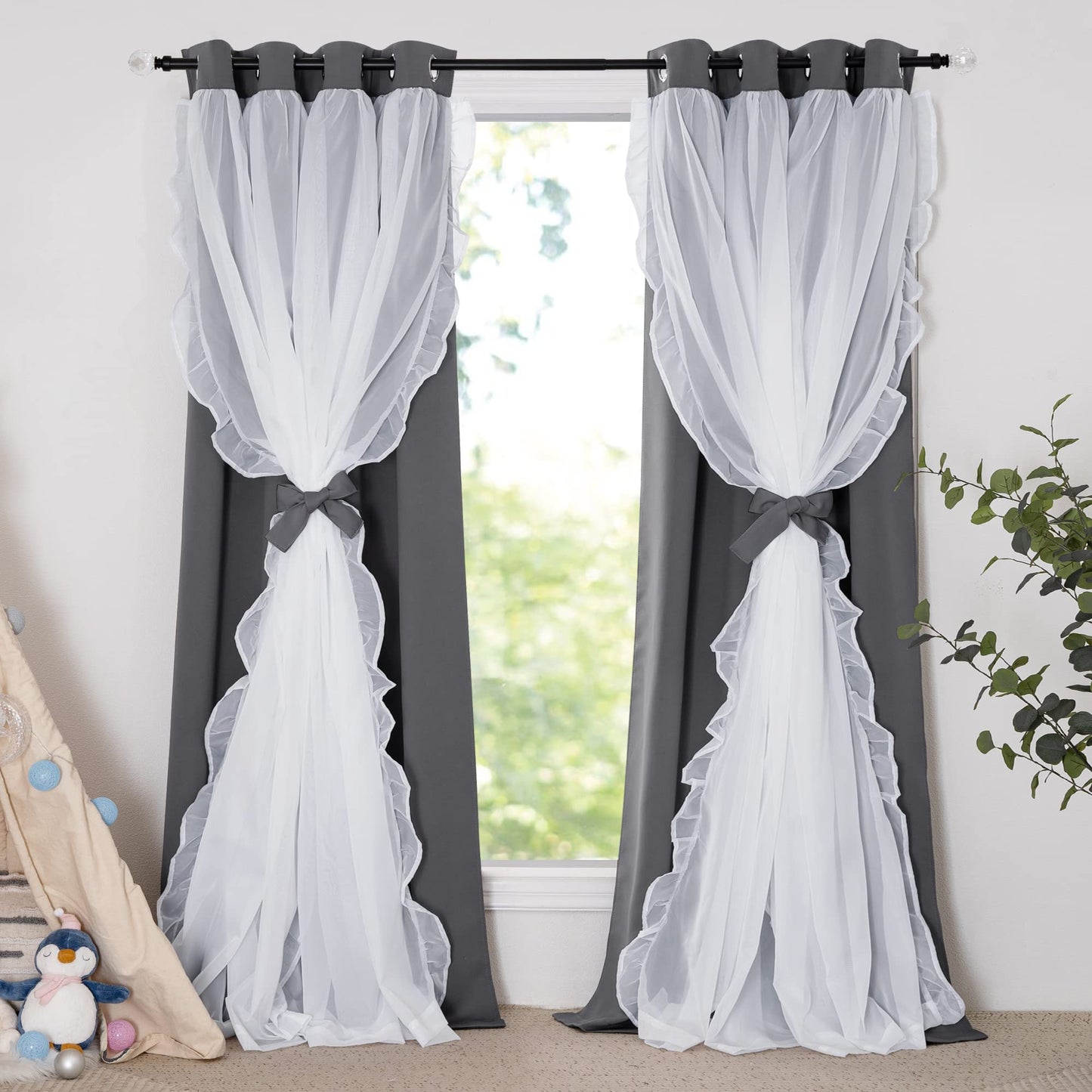 Blackout Window Treatment Double Layer Drapes Ruffle Sheer Overlay 2 Panels