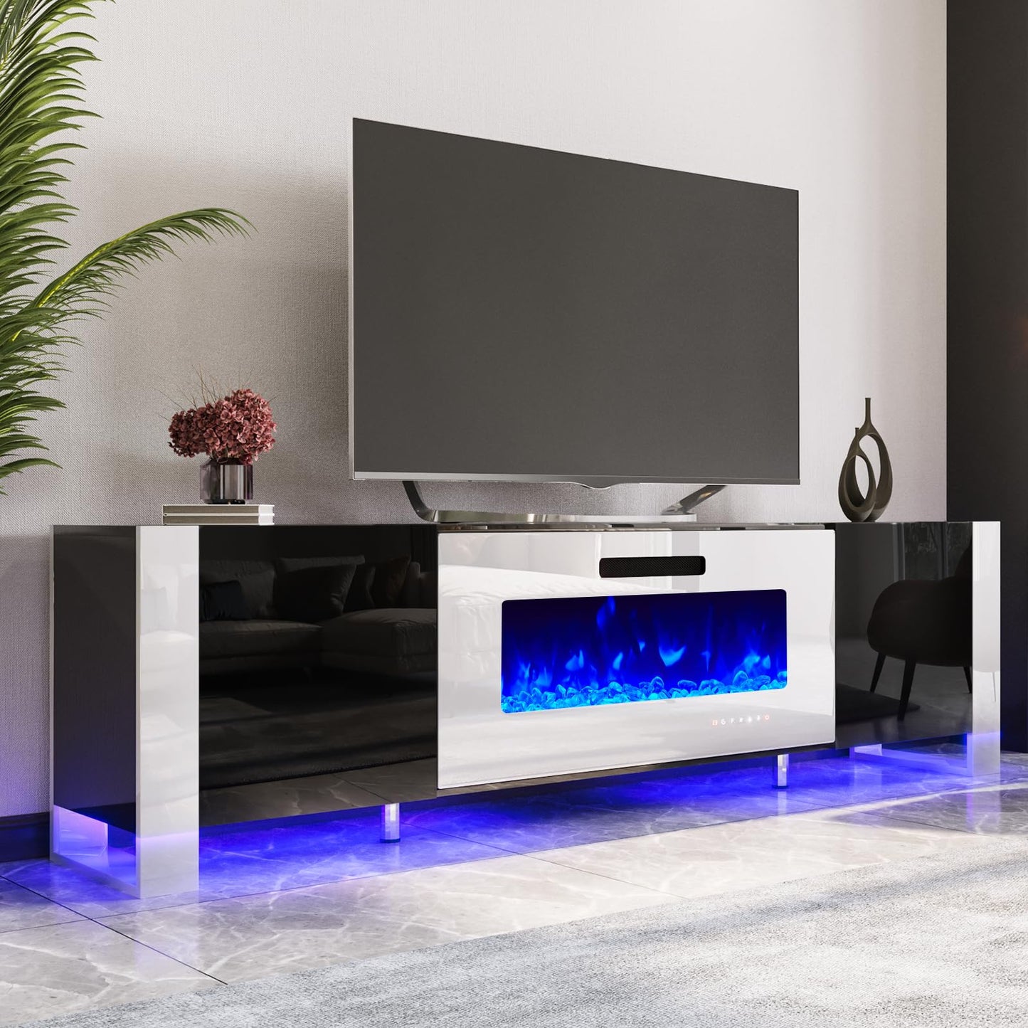 Fireplace TV Stand with 36" Fireplace, 70" Modern High Gloss Entertainment Center