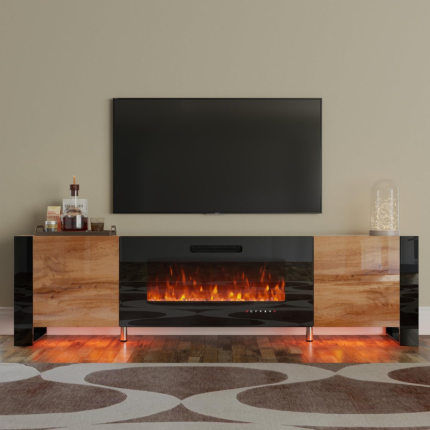 70" Fireplace TV Stand with 36" Electric Fireplace, High Gloss with LED Lights