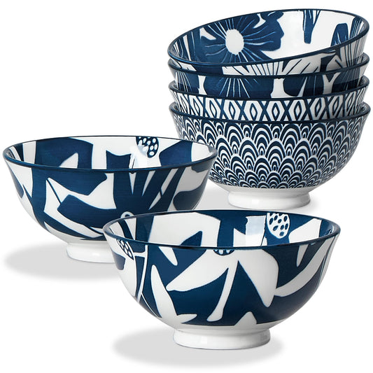 10 oz Ceramic Small Bowl Set of 6 - Microwave Safe Side Dish Bowls - Blue and White